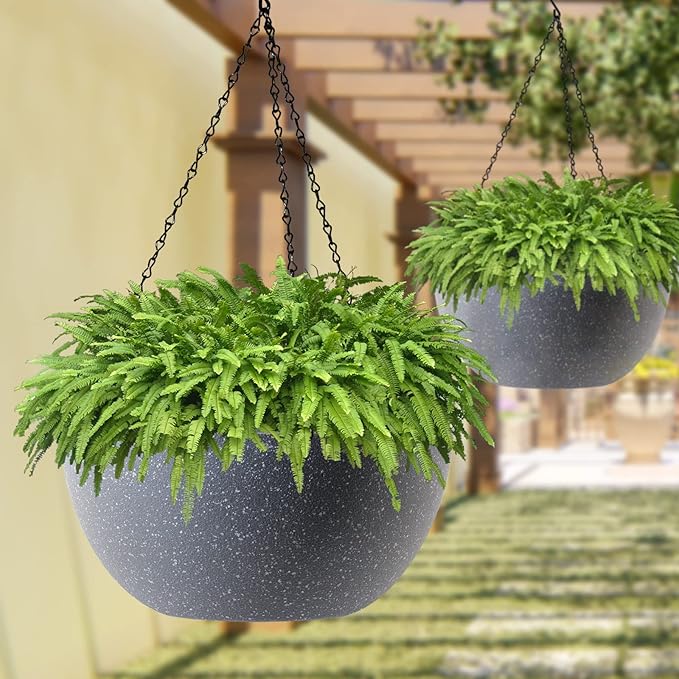 WOUSIWER 13 inch 2 Pack Large Hanging Planters for Indoor Outdoor Plants with Drainage Holes and Chain, Round Hanging Flower Pots for Garden Home Porch Decor, Grey Speckles