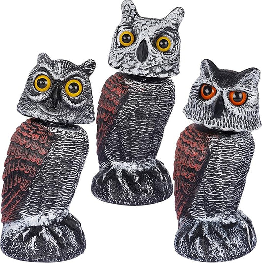 Hausse 3 Pack Bird Scarecrow Fake Horned Owl Decoy, Rotating Head Plastic Owl Bird Deterrents, Nature Enemy Horned Pest Repellent for Outdoor Garden