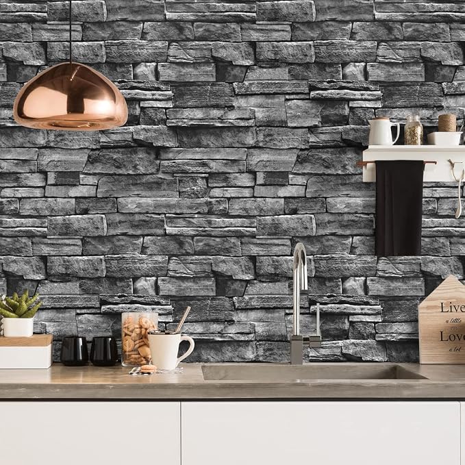 Jeweluck Grey Brick Wallpaper Peel and Stick Wallpaper 17.7”×393.7” Faux Stone - Image 3