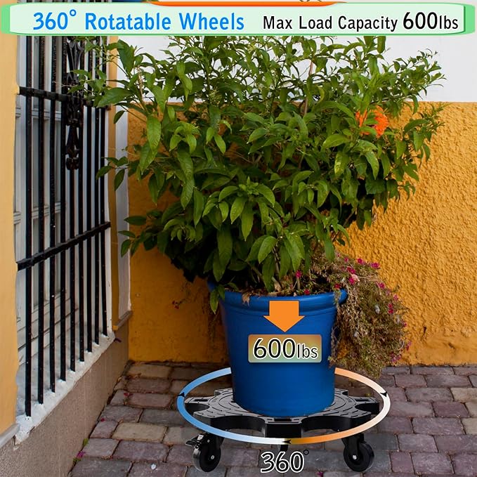 20" Plant Caddy with Wheels 600lbs Heavy Duty Outdoor,Indoor Rolling Plant Stand with 3in Casters Black Plant Dolly Large Potted Planter Cart for Big Flowerpots Plants Pots Garden Pot Mover