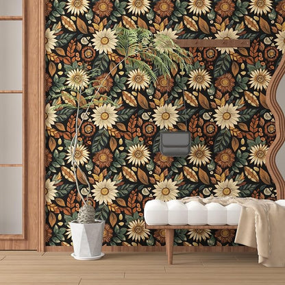 Boho Wallpaper Peel and Stick, Vintage Black Brown/Green Floral Contact Paper - Image 2