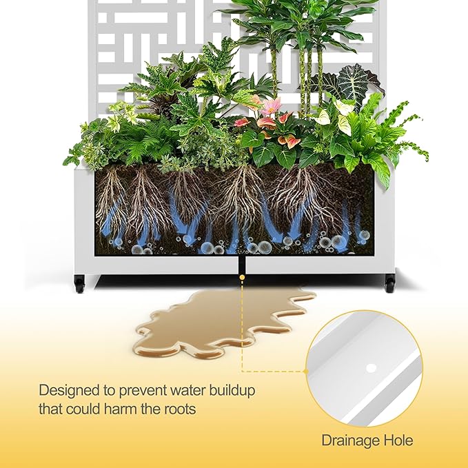 Raised Garden Bed with Trellis and Wheels,73"x35"x16" Metal Raised Garden Bed,White Modern Metal Planter with Climbing Trellis for Vines & Vegetables