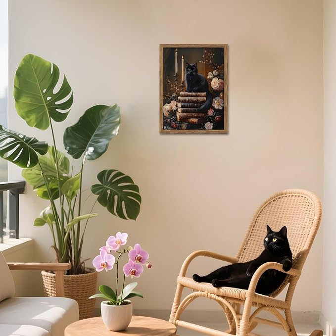 Vintage Dark Academia Framed Wall Art, Victorian Black Cat Floral Canvas Prints - Image 6