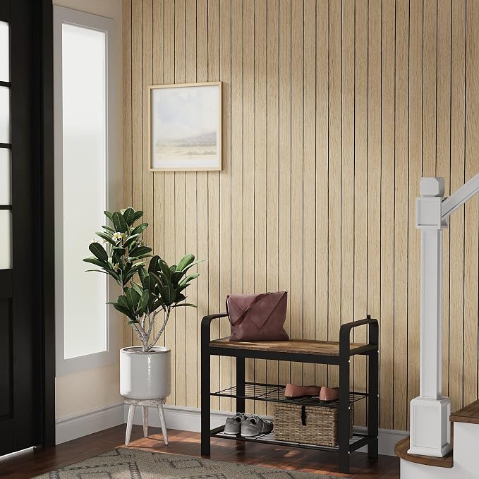 VEELIKE Light Oak Wood Wall Panels Peel and Stick Foam Slat Wallpaper - Image 2