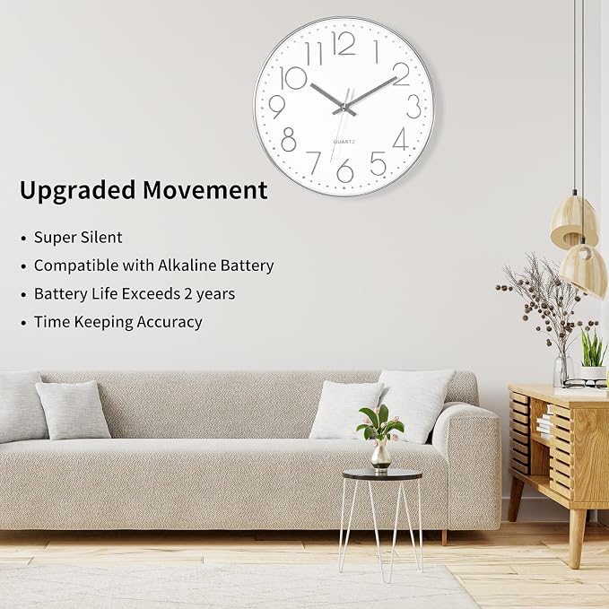Foxtop Silver Wall Clock Silent Non-Ticking Battery Operated Round Modern Wall - Image 3