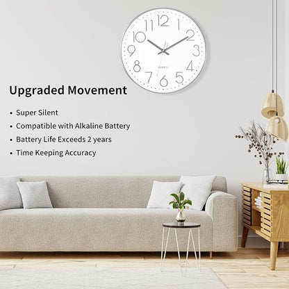 Foxtop Silver Wall Clock Silent Non-Ticking Battery Operated Round Modern Wall - Image 3