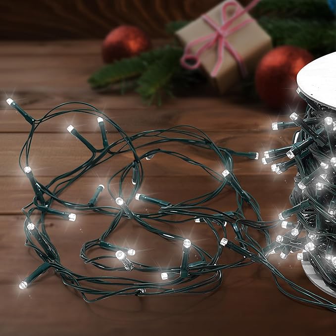 Christmas Light 100 LEDs 41ft Green Cable Wire Fairy String Twinkle Lights Plug in 12 Modes for Xmas Tree, Party, Outdoor, Garden, Wedding, Home Decoration (White)