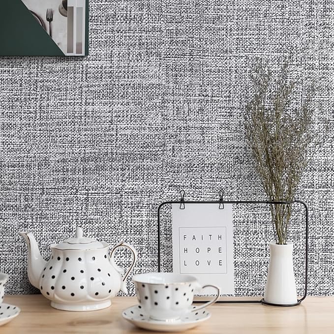 Grey Grasscloth Peel and Stick Wallpaper 17.3"x480" Faux Linen Textured Contact - Image 3