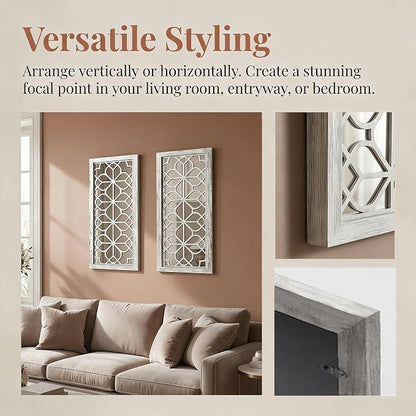 Set of 2 13x30 Inch Large Grey Shatterproof Carved Floral Wood Frame Wall - Image 4