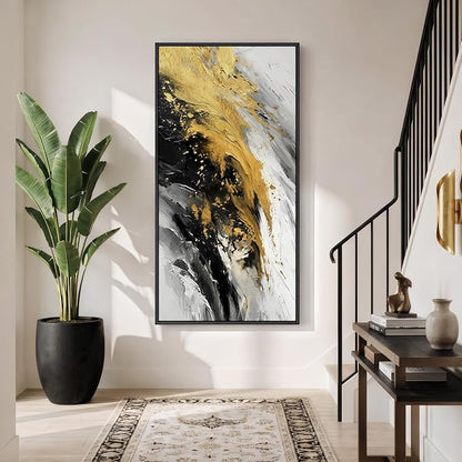 Large Framed Black and White Gold Abstract Wall Art, Modern Vertical Canvas - Image 2