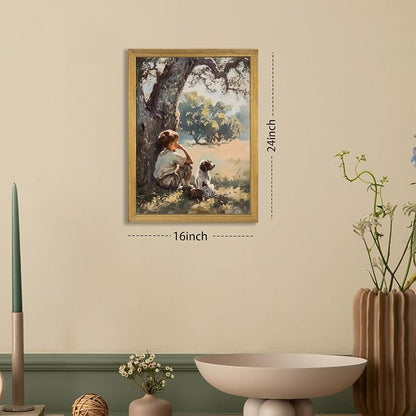 Wood Framed Canvas Wall Art, Vintage Boy and Dog Painting Poster, Countryside - Image 4