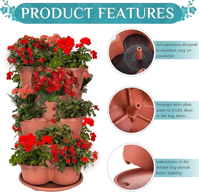 Amazing Creation Stackable Planter, Terracotta 5-Tier Vertical Garden Planter, Grow Your Own Vertical Oasis of Vegetables and Succulents