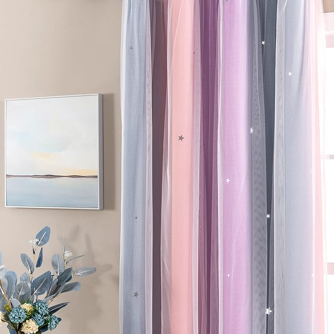 XiDi Curtains for Bedroom Decor, Rainbow GreyPinkPu-52-54 - Image 2