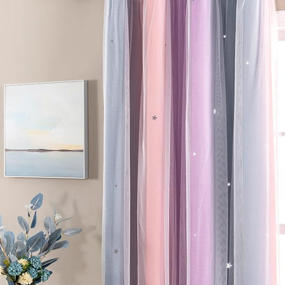XiDi Curtains for Bedroom Decor, Rainbow GreyPinkPu-52-96 - Image 3