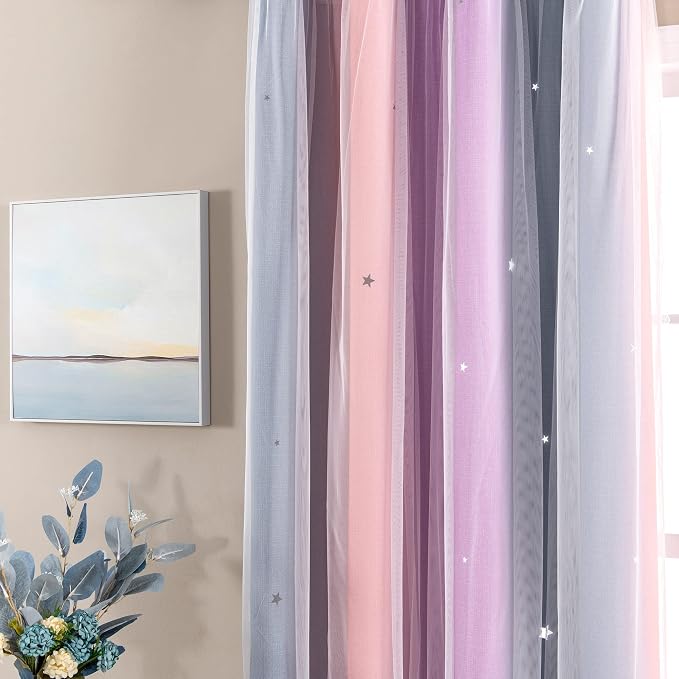 XiDi Curtains for Bedroom Decor, Rainbow GreyPinkPu-34-96 - Image 3