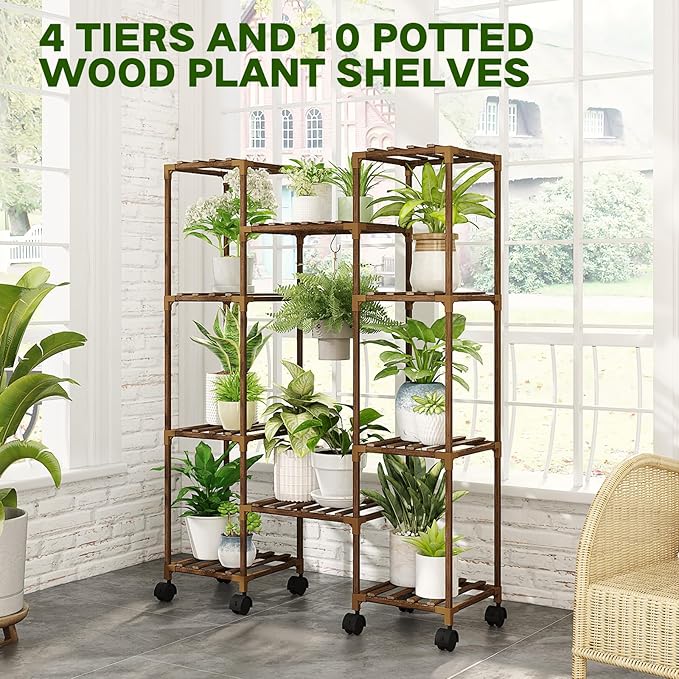 Plant Stand with Wheels Outdoor Indoor Hanging Plant Shelf for Multiple Plants Tall Large Holder for Living Room Patio Balcony Garden Corner Mobile
