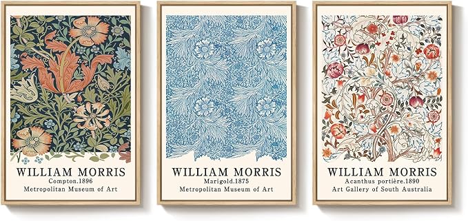 Framed William Morris Wall Art Set of 3, Large Vintage Floral Botanical Canvas by Cuspin