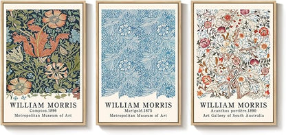 Framed William Morris Wall Art Set of 3, Large Vintage Floral Botanical Canvas by Cuspin