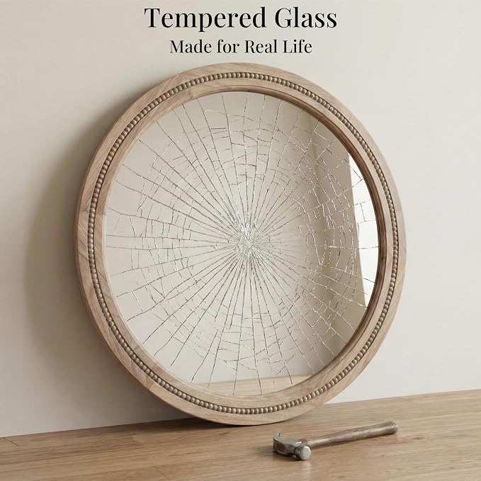 30" Round Solid Wood Mirror for Bathroom Vanity, Handcrafted Beaded Circle Wall - Image 8