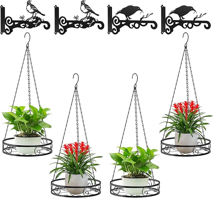 8-Pack Metal Hanging Planters for Indoor Plants - Heavy Duty Anti Rust 4 Hanging Plant Holder with 4 Bird Patterned Plant Hanger – Aesthetic Flower Pot Holder for an Instant Indoor and Outdoor Decor