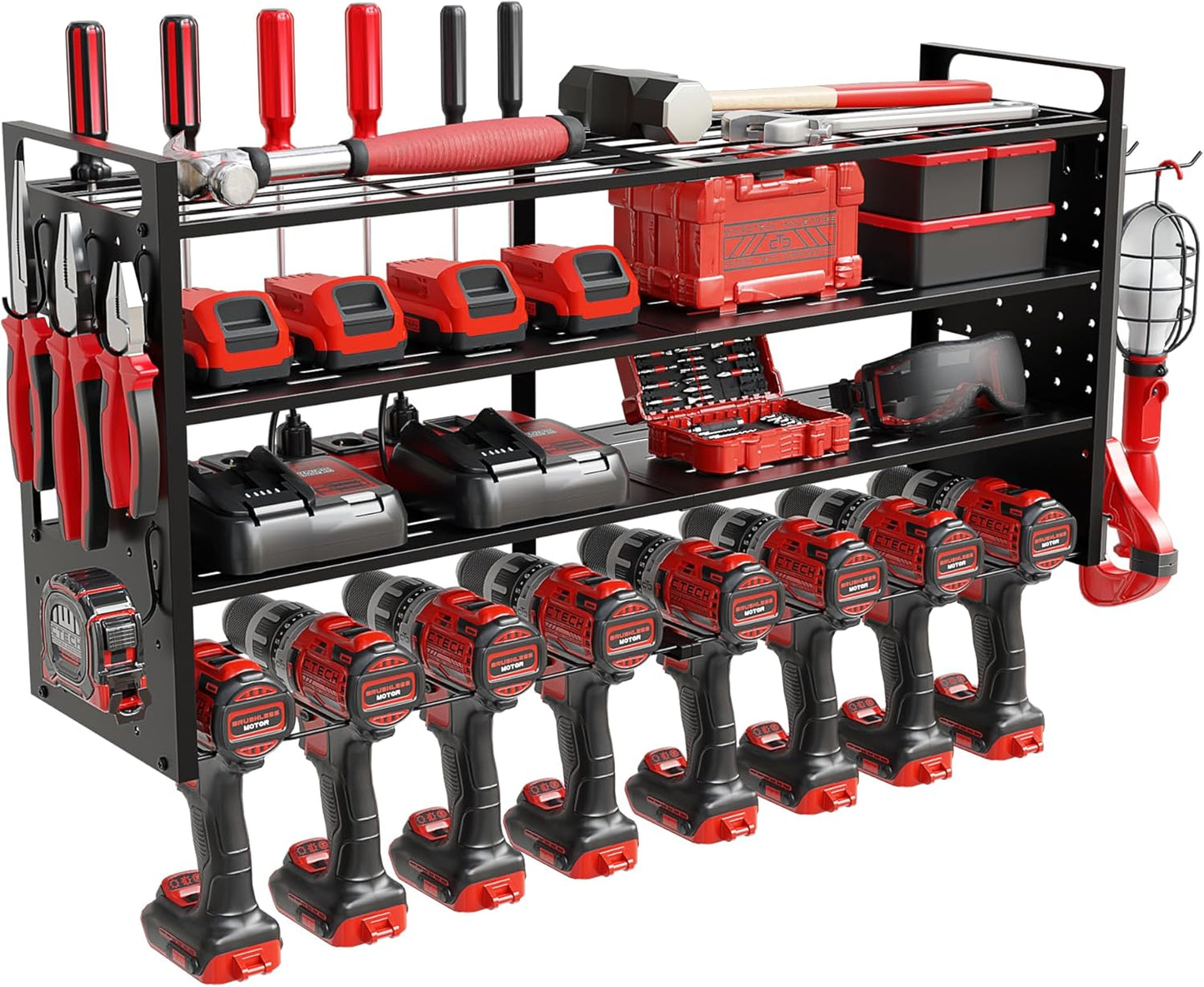 Power Tool Organizer Wall Mount - Power Tool Storage Rack with 3 Shelves, 8 Drill Holders, Bit Holder, Load 300 lbs, Pegboard Sides Storage for Tools- Garage Drill Organizer, Ultimate Workshop Station