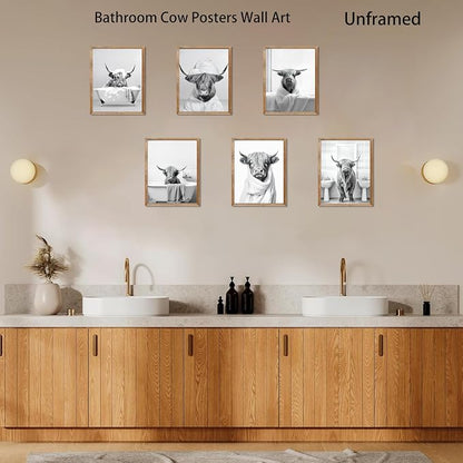 SEHSUVC Funny Bathroom Cow Posters Wall Art Set of 9, Vintage Black and White - Image 5