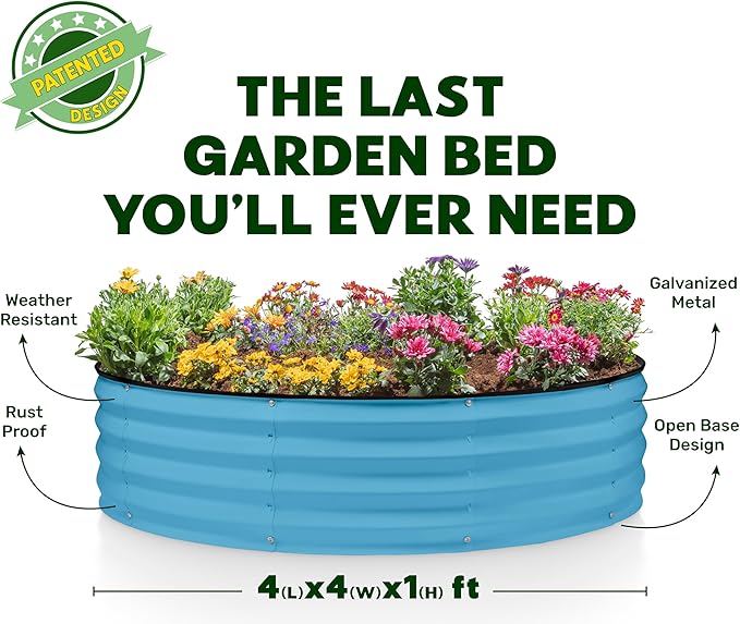 Round Galvanized Raised Garden Bed // 4×4×1 ft Galvanized Raised Garden Beds Outdoor for Gardening, Vegetables, Flowers // Patented Tool-Free Design Round Planter (Teal)