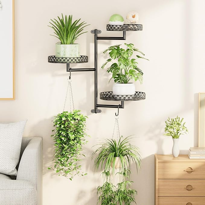 OVICAR Rotating Window Plant Shelves - Indoor Wall Plant Stand 3-Tier Floral Metal Window Shelf Holder for Multiple Plants with Hanging Hooks Home Decor Black