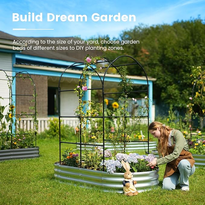 KING BIRD Raised Garden Bed with Arched Trellis Galvanized Planter Garden Box Outdoor for Gardening, Climbing Vegetables, Flowers 5.9x2.95x0.98 Ft 2PCS, Silver