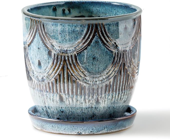 Ceramic Planter Pot, 5in, Reactive Glaze Blue, Indoor Outdoor Usage, with Drainage Hole and Saucer