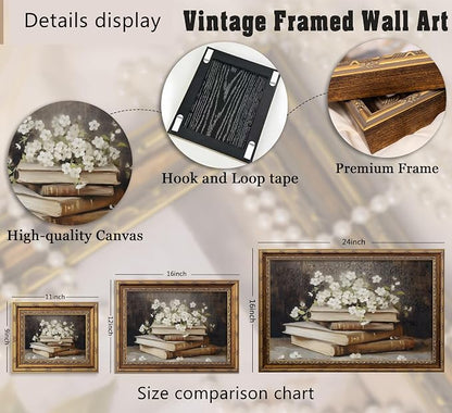 Vintage Gold Framed Wall Art Retro Moody Books and Flowers Oil Painting Canvas - Image 3