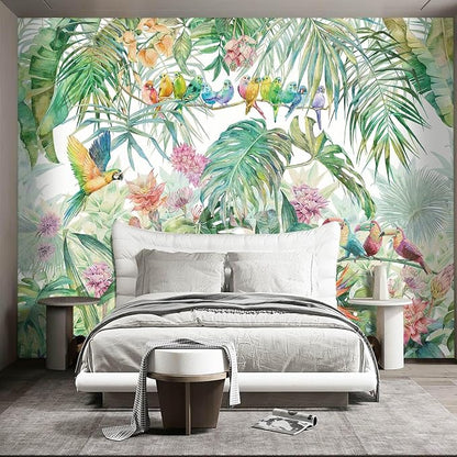 Tropical Green Botanical Flower Birds Leaf Wallpaper Bedroom Plant Floral Mural - Image 2