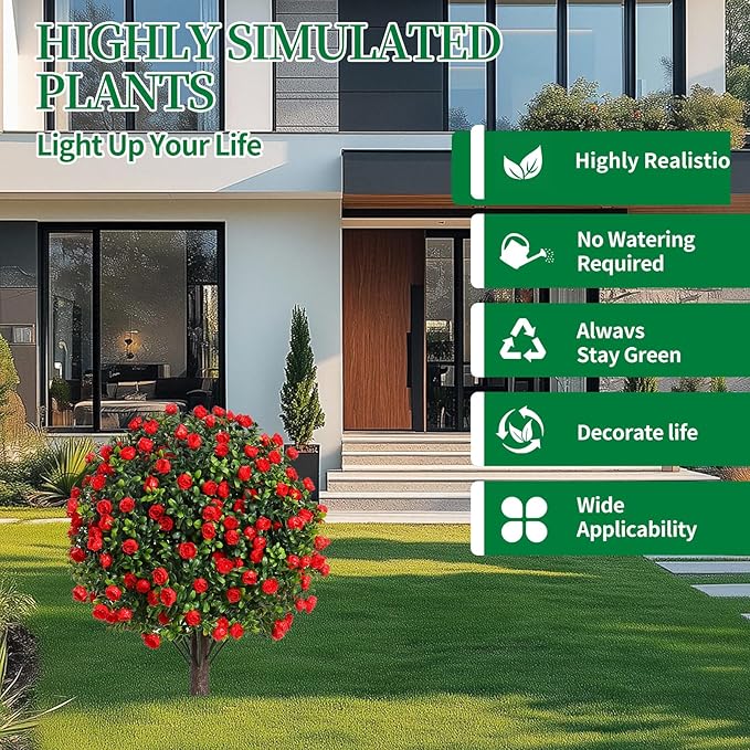 Artificial Rose Topiary Trees, 17 Inch UV-Resistant Red Flowers, Set of 2 with Ground Stakes, Indoor Outdoor Decorative Plants