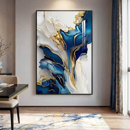 Extra Large Black Framed Gold and Blue Abstract Wall Art - Image 2