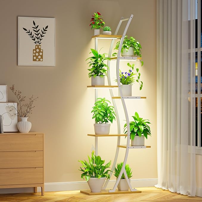 62" Tall Plant Stand with Grow Light Indoor, 7 Tiered White Plant Shelf for Indoor Plants, Curved Corner Flower Stand Display Rack Holder for Living Room, Patio, Balcony Decor