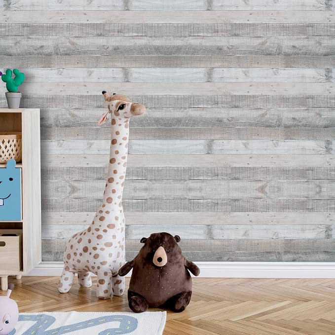 WENMER Gray Shiplap Peel and Stick Wallpaper, 17.71'' x 590'', Vintage Wood - Image 2