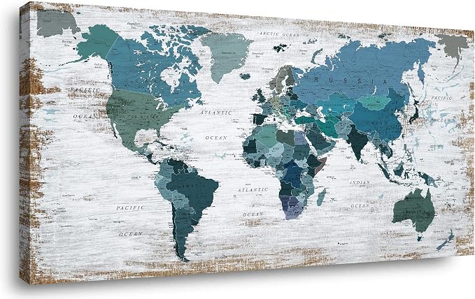 Teal Decor World Map Canvas Wall Art Pictures by ZEYDRT