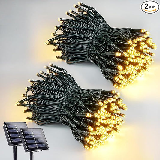 2 Pack 200 LED Solar String Lights for Outside, Solar Christmas Lights Outdoor Waterproof, Solar Outdoor String Light with 8 Lighting Modes for Xmas Tree Wedding Party Garden Decorations (Warm White)