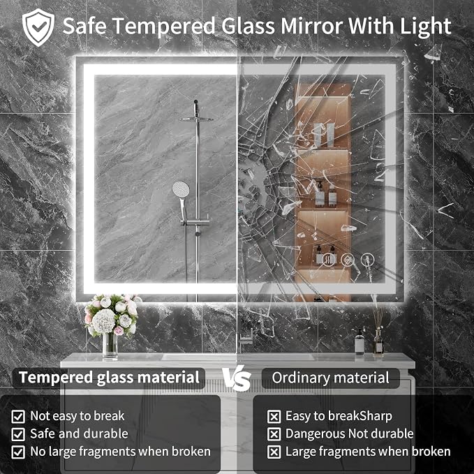 Koonmi 36"x30" LED Mirror for Bathroom, 90CRI Anti-Fog Vanity Mirror - Image 4