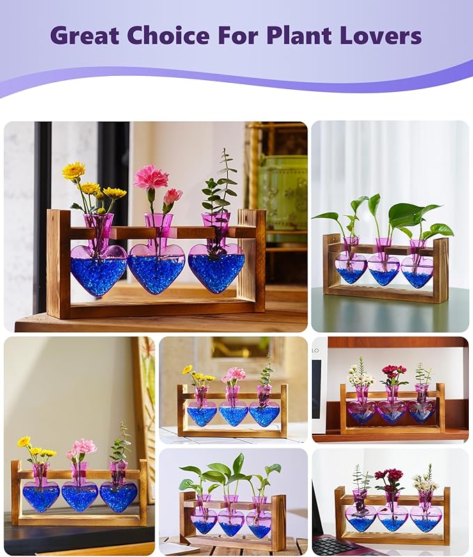 Nacome Plant Terrarium for Office Decor: Birthday Gifts for Plant Lovers Women Mom Wife - Wooden Stand Tabletop Planter 3 Bulb Glass Vase Heart Shaped for Hydroponics Indoor Home(Purple)