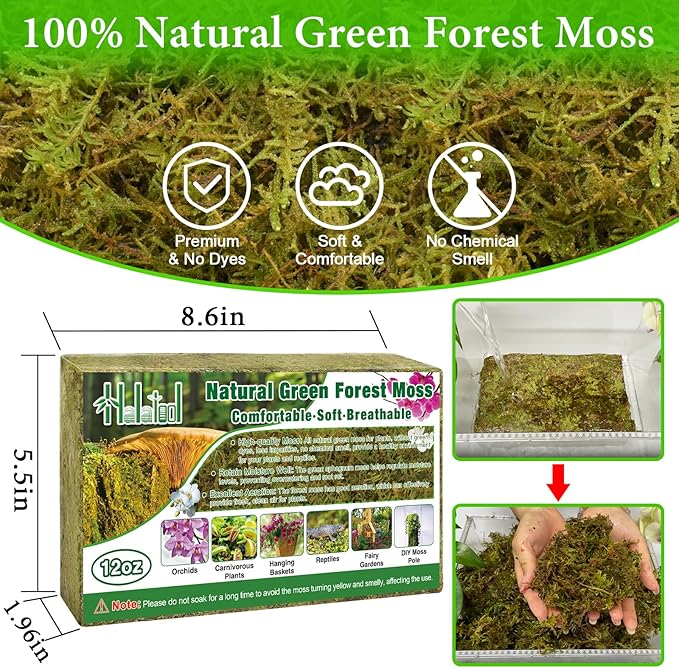 Halatool 0.75LB Green Forest Moss for Plant Indoor- 18QT Natural Orchid Moss Sphagnum for Potting Mix, Real Dry Moss for Repotting Potted Plants Orchids Succulent Carnivorous Cactus Pothos