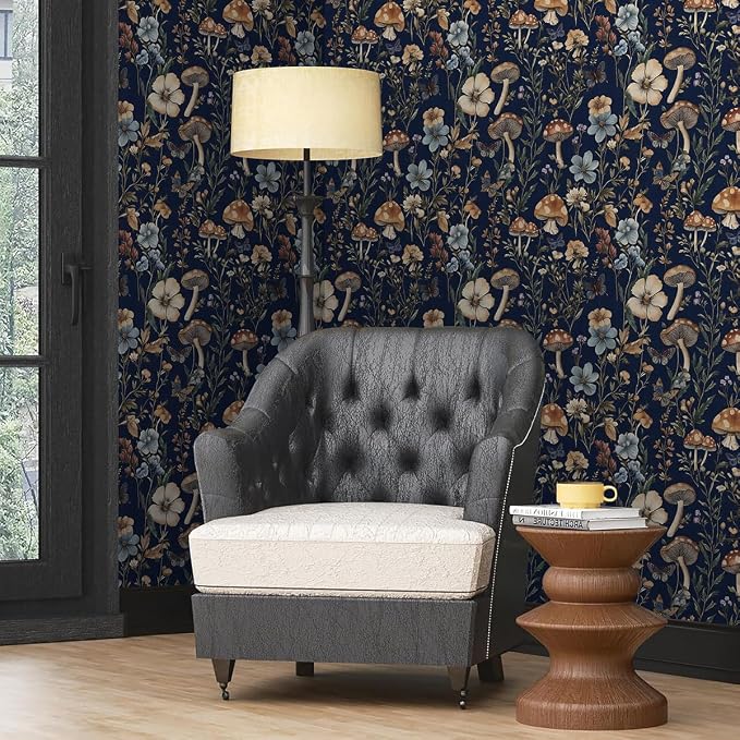 Froluya Mushroom Peel and Stick Wallpaper Dark Floral Contact Paper 16.9" x - Image 8