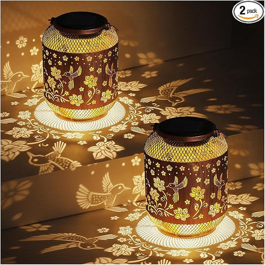2 Pack Hummingbirds Solar Lanterns Outdoor Waterproof Garden Decor Birthday Gifts for Women Mom Grandma, Hanging Solar Lights Metal Lantern Decoration Outside for Yard, Patio, Backyard, Porch