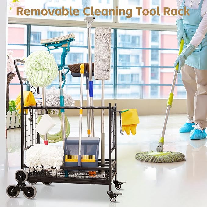 Lauren&Harold Garden Tool Organizer for Garage, Yard Tools Storage Rack with 2 Stair-Climbing Wheels, Gardening Tool Storage Holder for Garage, Yard, Lawn and Outdoor, Garden Tool Rolling Cart