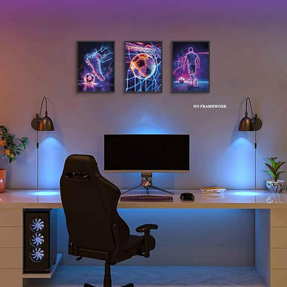 BGFCE Cool Soccer Gaming Wall Art Posters Set of 3, Neon Video Gamer Canvas - Image 2