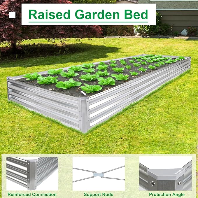 JERIA 12×4×1ft Raised Garden Bed with Support Rods,Galvanized Raised Garden Bed Kit Outdoor Metal Gardening Planter Box for Vegetable, Fruits, Flower