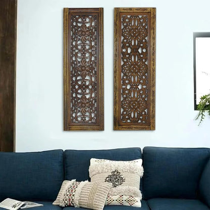 Floral Hand Carved Wooden Wall Panels Set of 2, Rustic Brown Decorative Wall Art - Image 2