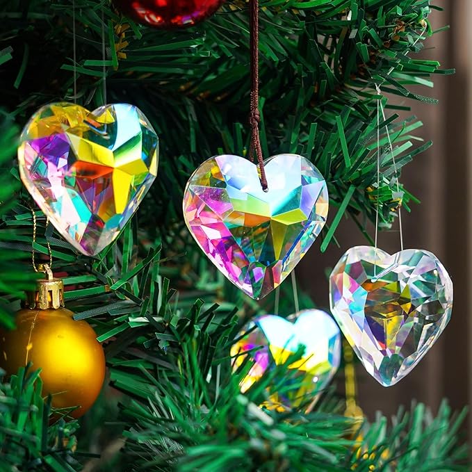 HDCRYSTALGIFTS 6pcs 50mm Crystal Heart Prism Suncatcher Window Sun Catchers Crystals Hanging Decorations Rainbow Maker Pendant Christmas Ornaments