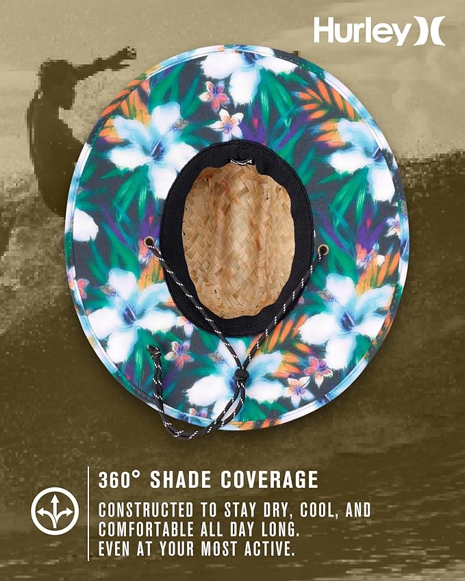 Hurley Men's Straw Hat - Wide Brim Channel Island Lifeguard Hat - Stylish Sun Hats for Men with Chin Strap