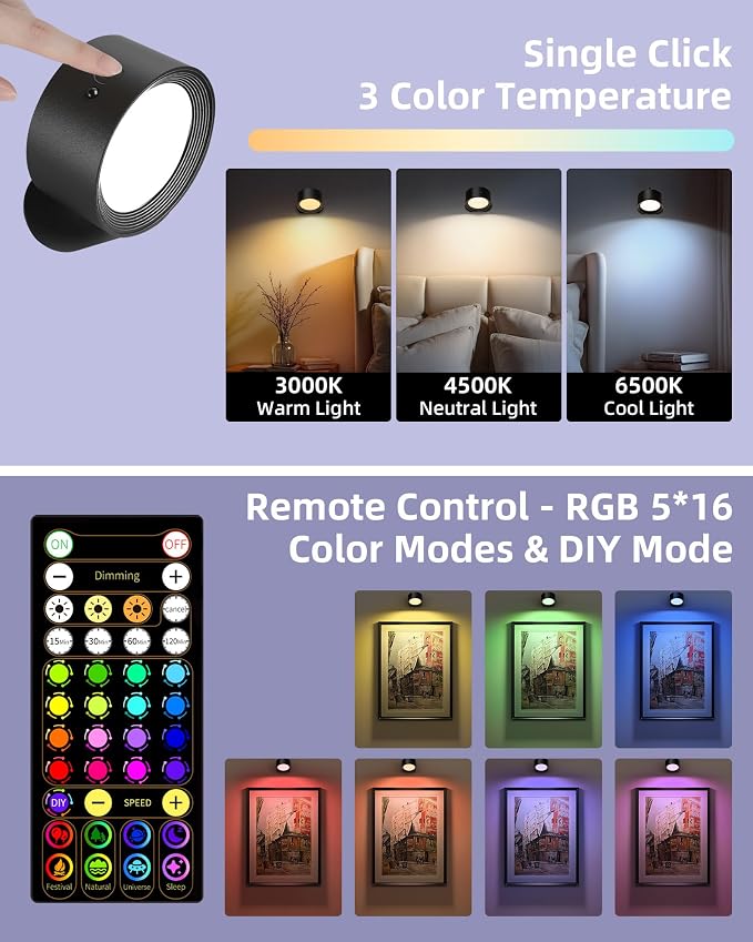 Wall Mounted Lights, 3 Pack Rechargeable RGB Color Changing Light, 3 Color - Image 2